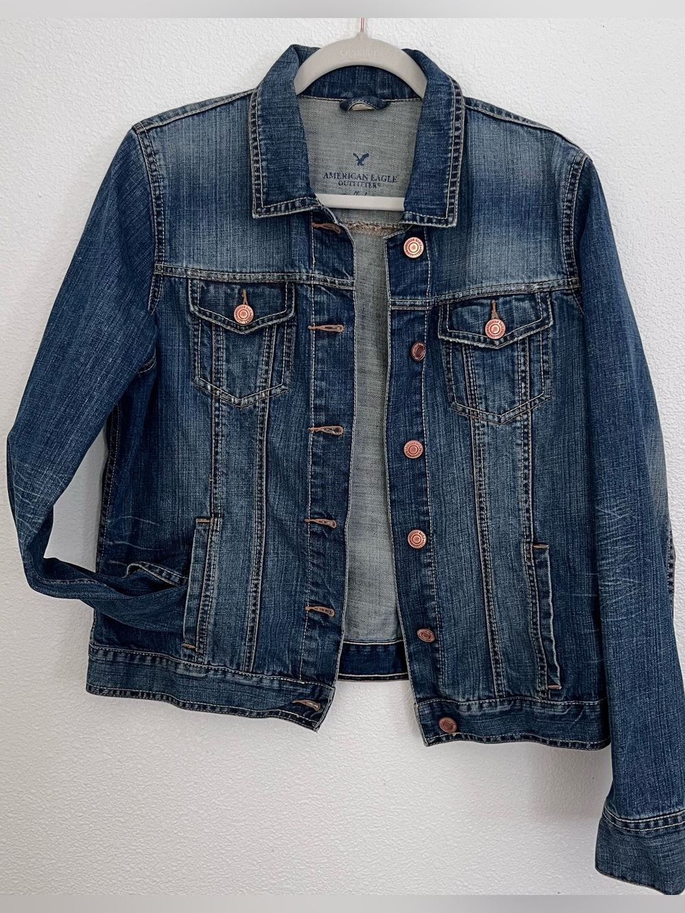 American Eagle Outfitters Distressed Indigo Blue Denim Jacket 100% Cotton
